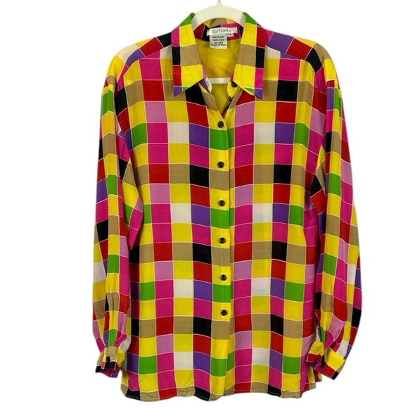 Suitsme Tops - Suitsme Vibrant Retro Style Relaxed Fit Silk Multicolor Checkered Small Blouse